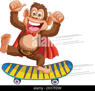 Fröhliches Affenskateboarden mit einem Superhelden-cape Stock Vektor