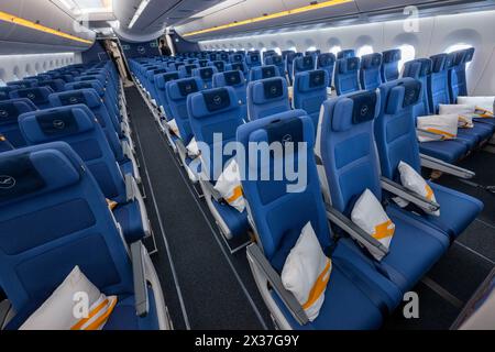 München, Deutschland. April 2024. Sitze der Economy Class während der Präsentation von Lufthansa „Allegris“ in einem Airbus A350-900. Der künstliche Begriff „Allegris“ bezieht sich auf ein neues Kabinenkonzept, das neue Sitzplätze für alle vier Reiseklassen der Langstreckenflugzeuge bedeutet. Ab Mai 2024 startet die neue Lufthansa-Kabine erstmals in einem Airbus A350-900 und setzt mit modernsten Sitzen und weiteren Innovationen in allen Klassen neue Maßstäbe. Quelle: Peter Kneffel/dpa/Alamy Live News Stockfoto