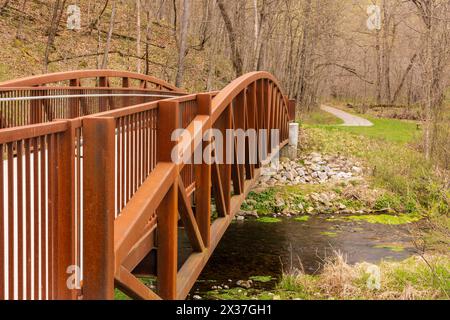 Eine Fußgängerbrücke auf einem Wanderweg über einen Bach im Wald im frühen Frühjahr mit blühenden Bäumen. Stockfoto