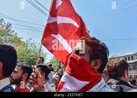 Srinagar, Indien. April 2024. Ein Unterstützer der Nationalkonferenz von Jammu und Kaschmir hält während einer Wahlkundgebung vor der zweiten Phase der Wahl der indischen Parlamentswahlen in Srinagar eine Parteiflagge. (Foto: Saqib Majeed/SOPA Images/SIPA USA) Credit: SIPA USA/Alamy Live News Stockfoto