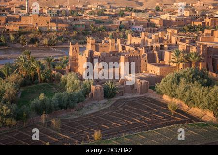 Frühmorgendliches Licht auf Ait Ben-Haddou (auch als Ait Benhaddou transkribiert). AIT Ben-Haddou ist ein sogenanntes Ksar (befestigtes Dorf) im Südosten Stockfoto