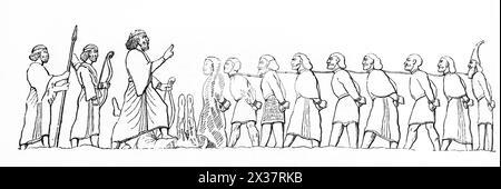 Holzgravierung der Skulptur der Gefangenschaft in Medien auf Felsenoberfläche zwischen Babylon und Hamadan, die angeblich Ecbatana, die antike Hauptstadt sein soll Stockfoto