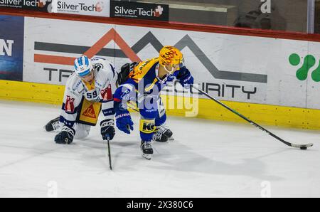 Kloten Topskorer Jonathan Ang lässt den Zuger Stürmer #59 Dario Simion stehen. (Kloten, Schweiz, 01.10.2022) Stockfoto