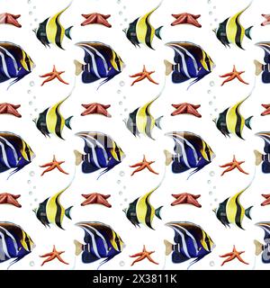 Einfaches nahtloses Muster von gelben und blauen tropischen Fischen, Seesterne durch Aquarell auf weißem Hintergrund Stockfoto