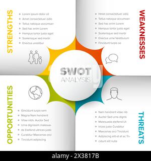 Vektor-SWOT-Diagrammvorlage (Stärken, Schwächen, Chancen, Bedrohungen) aus gefaltetem Papier und vier farbenfrohen Symbolen. SWOT minimalistisch Stock Vektor