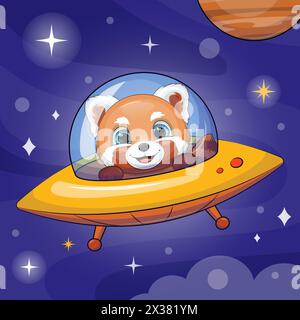 Niedlicher Karikaturfilm Red Panda in einem Raumschiff. Vektorillustration eines Tieres im Weltraum auf blauem Hintergrund mit Sternen und einem Planeten. Stock Vektor