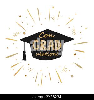 Herzlichen Glückwunsch zum Abschluss, Graduiertenmütze mit Congradulation-Schriftzug im Retro-goldenen Feuerwerk-Rahmen. Design-Element für Grußkarten für den Abschluss Stock Vektor