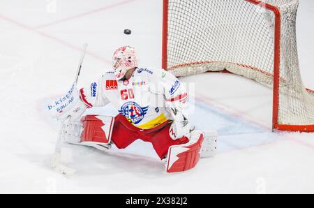 SC Rapperswil-Jona Lakers Torhüter #60 Melvin Nyffeler lenkt einen Puck während des Meisterschaftsspiels gegen den EHC Kloten am Tor vorbei. (Kloten, S Stockfoto