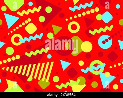 Geometrisches Nahtmuster mit memphis-Elementen im 80s Style. Farbenfrohes geometrisches Muster. Design von Werbeartikeln, Geschenkpapier und Druck Stock Vektor