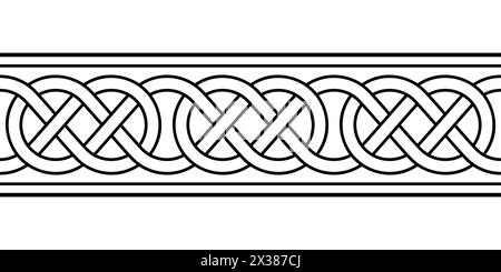 Klöppelrand, nahtlose Fliesen und Muster im typischen keltischen Stil. Miteinander verflochtene Linien, die Knoten bilden. Traditionelles Motiv und Vorlage. Stockfoto