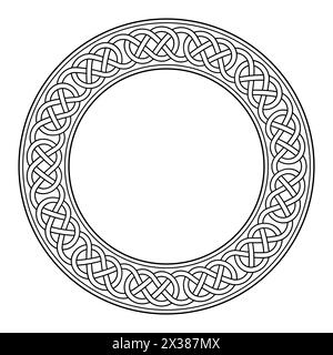 Kreisförmiger Rahmen mit keltischer Schleifenumrandung. Dekorative Borte mit einem Muster im typischen keltischen Stil. Miteinander verflochtene Linien, die Schlingenknoten bilden. Stockfoto