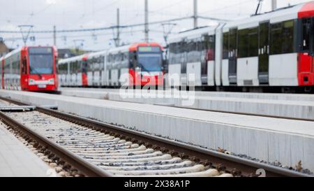 Köln, Deutschland. April 2024. Die Straßenbahnen der Kölner Verkehrs-Betriebe (KVB) parken nach der Pressekonferenz zum „ein Jahr Deutschlandticket“ im Depot am Hauptsitz. Quelle: Rolf Vennenbernd/dpa/Alamy Live News Stockfoto