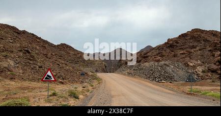 Dreieckige Schilder warnen Lkw-Fahrer vor einem steilen, schmalen Abschnitt der unbefestigten Straße entlang des Orange River und der zusätzlichen Gefahr, dass der roc herunterfällt Stockfoto