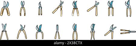 Symbole für Scheren legen den Konturvektor fest. Kürzung der Landwirtschaft. Gartenfarm, dünne Linie, flach auf weiß Stock Vektor
