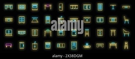 Küchenmöbel Icons setzen Umrissvektor. Komfort des Apartments. Kühlschrank, in Neonfarben auf Schwarz Stock Vektor