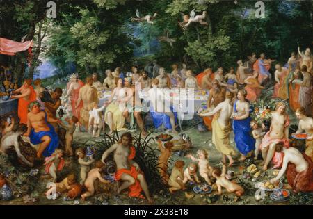 Hendrik van Balen I, Landschaft von Jan Brueghel dem Älteren -- fest der Götter (Le Festin des Dieux) 50х77 Stockfoto