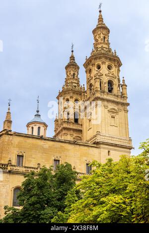 Blick von der Seite nach hinten auf die Co-Kathedrale Santa María de la Redonda und ihre hohen Türme. Logroño, Rioja, Spanien. Stockfoto