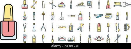 Ausrüstung für Manikürsymbole setzen Konturvektor. Nagelpediküre. Art Care dünne Strichfarbe flach auf weiß Stock Vektor