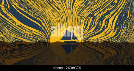 Ein Segelboot bei Sonnenuntergang ist in einem simulierten Holzschnitt zu sehen, der eine Illustration darstellt. Stockfoto