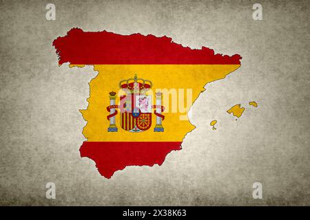 Grunge-Karte von Spanien mit seiner Flagge innerhalb der Grenze auf einem alten Papier gedruckt. Stockfoto