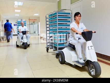 Innerer Transport von Lebensmitteln in Autos, Küche, Krankenhaus Donostia, San Sebastian, Gipuzkoa, Baskenland, Spanien Stockfoto