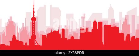 Rotes Poster mit Panoramablick über die Skyline von SHANGHAI, CHINA Stock Vektor