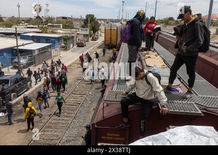 24. April 2024: Fast 700 Migranten kamen in Ciudad Juarez an Bord des als „La Bestia“ bekannten Zuges an und wollten in Richtung Rio Grande fahren, um die Grenze zu überqueren. Nach dem Treffen mit der texanischen Nationalgarde entschieden sich die Migranten jedoch, die Nacht auf mexikanischem Boden zu verbringen (Credit Image: © David Peinado/ZUMA Press Wire). Nicht für kommerzielle ZWECKE! Stockfoto