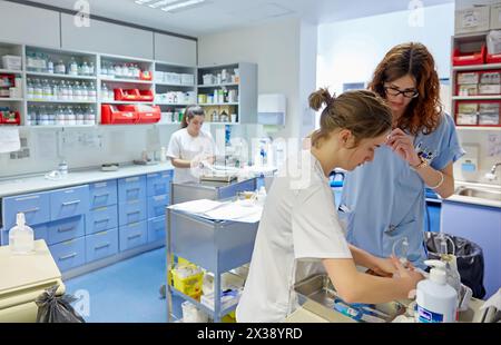 Krankenschwester Medikamente vorbereiten, Pflegekontrolle, Pflanze Hospitalisierung, Krankenhaus Donostia, San Sebastian, Gipuzkoa, Baskenland, Spanien Stockfoto