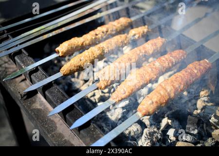 Spucke mit Luleh Kebab auf den Grill über heißen Kohlen, Nahaufnahme Stockfoto