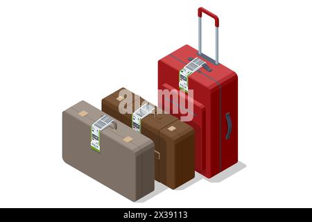 Isometrische Gepäckpapieranhänger mit Barcode. Gepäckinformationen und Ausweisband. Barcode für den Transport von Reisen. Barcode für Gepäck am Flughafen Stock Vektor
