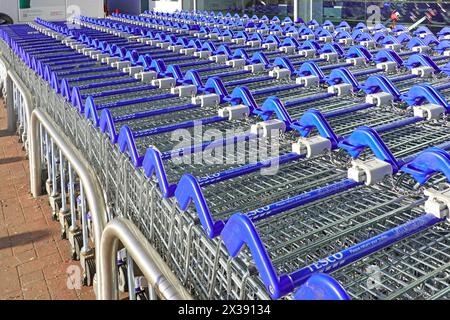Tesco Supermarkt Einkaufswagen blau Griffe Wiederholungs-Branding-Etiketten Einzelhandel Business Food Lebensmittel Lebensmittel Einkaufswagen Park London England Großbritannien Stockfoto