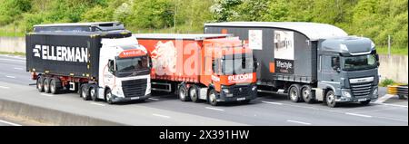 Transportunternehmen der Gruppe 3, die LKW-LKW-Lieferkette fahren, Nahaufnahme der Vorderseite, die die vierspurige Autobahn M25 überholt, Großbritannien Stockfoto