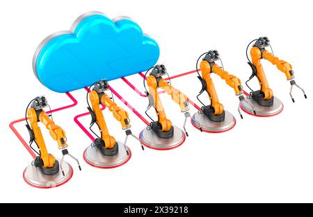 Computerwolke mit Roboterarmen. 3D-Rendering isoliert auf weißem Hintergrund Stockfoto