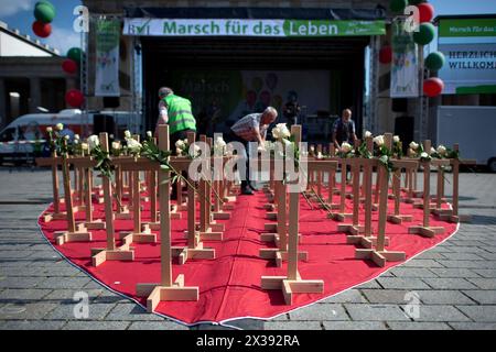 Marsch für das Leben DEU, Deutschland, Deutschland, Berlin, 16.09.2023 Installation mit Kreuzen auf der Demonstration Marsch für das Leben vom Bundesverband Lebensrecht mitz der Vorsitzenden Alexandra Linder Mitte, Christdemokraten für das Leben und andere Organisationen unter dem Motto die Schwaechsten schuetzen Ja zu jedem Kind und für ein Europa ohne Abtreibung und Euthabasie im Regierungsviertel in Berlin Deutschland . Die Demo und Kundgebung richtet sich gegen Schwangerschaftsabbrueche und Praktiken der Sterbehilfe, Stammzellforschung und Praeimplantationsdiagnostik en: Iinstallation Wit Stockfoto