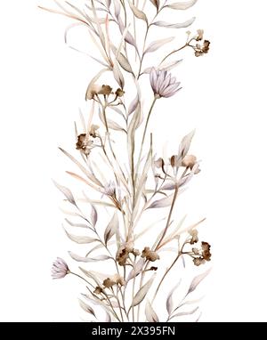 Aquarell nahtlose Borte florales zartes Pastell Vintage-Grün-Violett-Braun-Bouquet. Handgezeichnete Illustration isoliert auf weißem Hintergrund Stockfoto