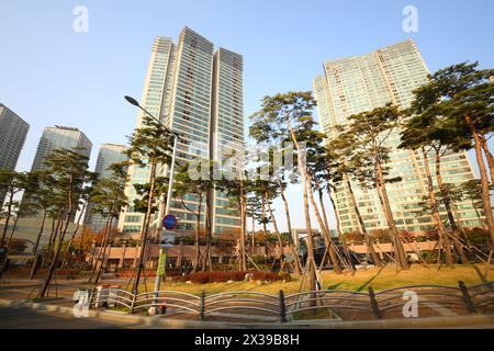 Blick vom Fenster des fahrenden Autos auf das moderne Hochhaus auf der Straße in Seoul im Herbst Stockfoto