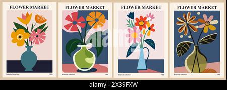 Set von abstrakten Blumenmarkt-Vektor-Kunstpostern. Stock Vektor