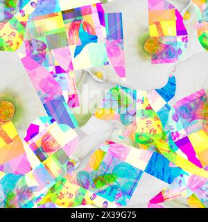 Neonfarbenes botanisches Blumenaquarell, handgemaltes nahtloses Muster. Ein helles Kaleidoskop aus Stücken weißer Calla-Lilien, Waldpilzen und Beeren Stockfoto