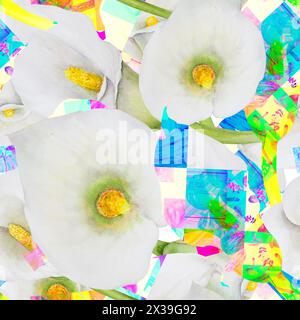 Neonfarbenes botanisches Blumenaquarell, handgemaltes nahtloses Muster. Ein helles Kaleidoskop aus Stücken weißer Calla-Lilien, Waldpilzen und Beeren Stockfoto