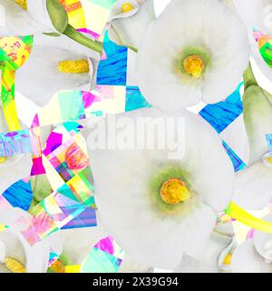 Neonfarbenes botanisches Blumenaquarell, handgemaltes nahtloses Muster. Ein helles Kaleidoskop aus Stücken weißer Calla-Lilien, Waldpilzen und Beeren Stockfoto