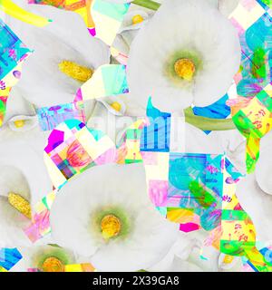 Neonfarbenes botanisches Blumenaquarell, handgemaltes nahtloses Muster. Ein helles Kaleidoskop aus Stücken weißer Calla-Lilien, Waldpilzen und Beeren Stockfoto