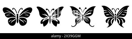 Schmetterlingssymbole gesetzt. Schwarzer Schmetterling in verschiedenen Formen in flachem grafischem Design. Vektorabbildung Stock Vektor