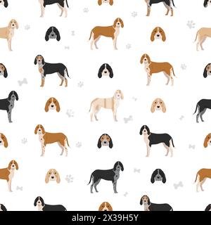 American englisn Coonhound alle Farben nahtlose Muster. Verschiedene Fellfarben eingestellt. Vektorgrafik Stock Vektor