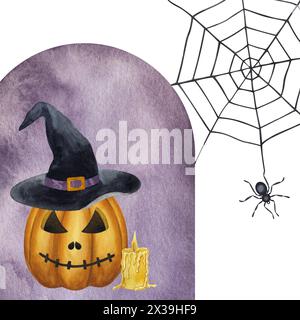 Halloween-Clipart Jack o Laterne geschnitzter orangener Kürbis in schwarzem Hexenhut, Wachskerze brennende Flamme auf lila Hintergrund. Die schwarze Spinne hängt an Spinnweben. Stockfoto