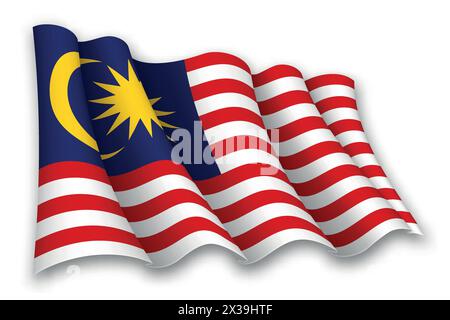 Realistisch schwenkende Flagge von Malaysia isoliert auf weißem Hintergrund Stock Vektor