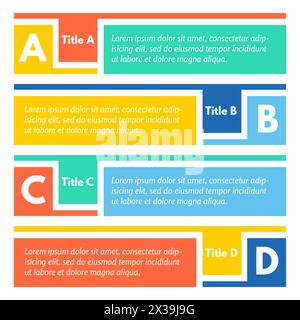 Set aus vier horizontalen bunten Optionen Banner. Schritt-für-Schritt-Infografik-Designvorlage. Vektorabbildung Stock Vektor