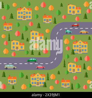 Plan des Dorfes. Landschaft mit Straße, Wald, Autos und Häusern. Vektorabbildung Stock Vektor