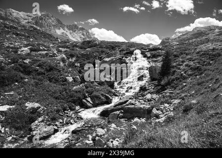 Wasserstrom in den französischen Alpen. Peisey Valley, Savoie, Frankreich. Wunderschöne Natur Bergtal Landschaft Hintergrund. Schwarzweißes historisches Foto. Stockfoto