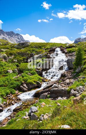 Wasserstrom in den französischen Alpen. Peisey Valley, Savoie, Frankreich. Wunderschöne Natur Bergtal Landschaft Hintergrund. Stockfoto