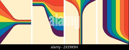 Retro-Poster-Set mit Streifen in Regenbogenfarben. Geometrische Hippie-Regenbögen auf Abzügen. Abstrakte irisierende Streifen im Hippie-Stil. Trendige Minimal y2k farbenfrohe Spektrumvektor-Kunstcover Stock Vektor